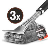 bio-chem 3X Brosse à barbecue - Robuste & Ergonomique - Poignée extra longue avec isolation thermique - Brosse métallique à 3 brins avec poils en acier inoxydable et grattoir - pour grille de barbecue