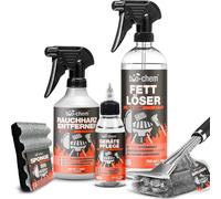 bio-chem BBQ Kit de dégraissage 5 pièces : dégraissant 750 ml + nettoyant inox 750 ml + brosse à barbecue + éponge de nettoyage + chiffon microfibre | Nettoyant doux pour l'inox et l'aluminium du barb