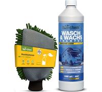 bio-chem Caravan Wash & Wax Shampoo - 1L concentré avec gant de lavage - Avec cire de carnauba pour la brillance et la protection - Camping-car, caravane, bateau - Auto-séchant, pH-neutre - Germany