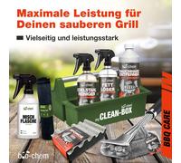 bio-chem Kit de nettoyage et d'entretien pour barbecue boîte professionnelle 8 pièces : 1x dissolvant pour résine de fumée 1L (avec vaporisateur) + 1x dégraissant 750ml + nettoyant pour acier inoxydab