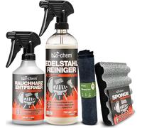 bio-chem Kit de nettoyage pour barbecue 4 pièces : nettoyant pour résine de fumée + nettoyant pour acier inoxydable + éponge pour barbecue + chiffon microfibre. Pour un nettoyage extra fort avec prote