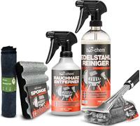 bio-chem Kit de nettoyage pour barbecue 5 pièces : nettoyant pour résine de fumée 500 ml + nettoyant pour acier inoxydable 750 ml + brosse pour barbecue + chiffon microfibre & éponge - Pour un nettoya