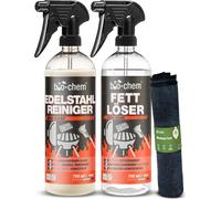 bio-chem Kit dégraissant BBQ 3 pièces : dégraissant 750 ml + nettoyant inox 750 ml + chiffon microfibre I Nettoyant doux pour l'inox & l'aluminium du barbecue & de la cuisine avec un entretien de long