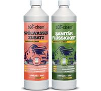 bio-chem Kit pour toilettes de camping en 2 parties : liquide sanitaire bio 1 l + additif pour eau de rinçage, gobelet doseur inclus - additif microbiologique pour toilettes mobiles & toilettes de cam