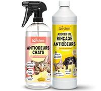 bio-chem - Lot de 2 produits de lutte contre les mauvaises odeurs - Antiodeurs pour chats 1L - Additif de rinçage du linge 1L - Desodorisant maison et tissus