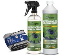 Bio-Chem - Nettoyant extérieur Camping Car 1L + Cirage de Protection de Peinture en Spray 750ml + Chiffon en Microfibres - Ensemble de 3 Produits pour Entretien Exterieur Caravane et Camping-Car
