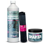 Bio-Chem - Nettoyant pour chaine de vélo 1L + shaker + chiffon microfibres - Degraissant chaines velos de route, vtt - Produit écologique de nettoyage transmission bicyclette, velo route