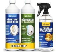 Bio-Chem - Nettoyants pour salle de bain - Déboucheur de canalisation 1L - Décapant urine et calcaire 1L - Produit surfaces de salle de bain 750ml - Basic Set 3 produits