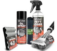 Bio-Chem - Set de 5 Produits de Nettoyage pour Barbecue - Produit nettoyant Barbecue 750ml, Vaporisateur d'huile 200ml, Chiffon en Microfibres, Brosse et éponge à Barbecue
