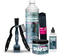 bio-chem Système de cire pour chaînes 7 produits pour vélos | Dégraissant vtt 1L - Cire pour chaine de vélo 100ml - Shaker + chiffon microfibres + set 3 brosses de nettoyage
