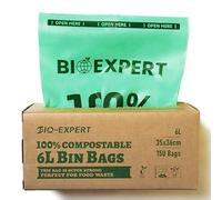 BIO-EXPERT Lot de 150 sacs poubelle de 6 L 100 % compostables et biodégradables fabriqués à partir de plantes avec certification EN13432 et compost domestique, étanche, couleur verte super forte (6 L