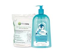 BIODERMA ABCDERM Pack Gel Moussant Bébé 1L et 200 Cotons 8x10 cm - Cheveux et Corps dès la Naissance - Nettoie en Douceur - Testé Sous Contrôle Pédiatrique