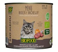 Biofood Menu Bio à base de 78% de viande de boeuf BIO pour chat. Boîte de 200g.