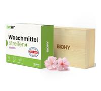 BiOHY Lessive en feuilles avec parfum de printemps (1 x 60 pièces) + boîte de rangement en bois | Lessive de voyage universelle durable sans plastique | Papier de lavage 100 % biodégradable