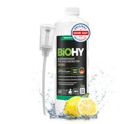 BiOHY Nettoyant de sol pour robot aspirateur laveur (1 litre) avec doseur | Produit, détergent et solution de lavage pour stations. Dosage 1:200, faible mousse, séchage rapide. Carrelage, parquet, PVC.