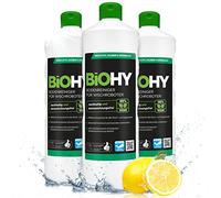 BiOHY Nettoyant de sol pour robot aspirateur laveur (3 x 1 litre), liquide | Produit, détergent et solution de lavage pour stations. Dosage 1:200, faible mousse, séchage rapide. Carrelage, parquet, PVC.