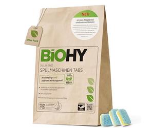 BiOHY Pastilles pour lave-vaisselle tout-en-un (100 Tabs) | Sans phosphate | Nettoyer la vaisselle et les couverts | Contre les graisses et résidus alimentaires les plus tenaces (Spülmaschinen Tabs)