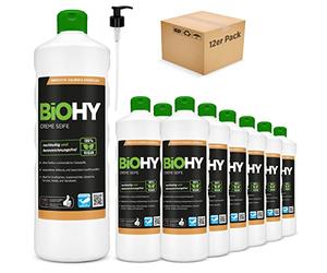 BiOHY Savon crème liquide (12 x 1l Bouteille) | Recharge de Savon à Mains Doux, hydratant et inodore du Secteur végétal sans Phosphate | sans Parfum ni Colorant (Creme Seife)