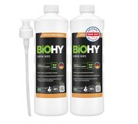 BiOHY Savon liquide (2 x 1 litre) + distributeur à pompe, savon pour les mains doux pour la peau, sans phosphate, sans odeur pour cuisines, gastronomie et sanitaires, sans parfum ni colorants
