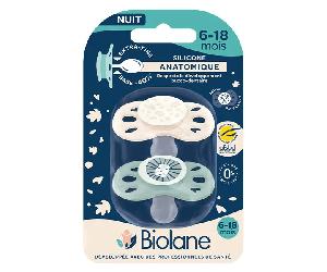 Biolane 2 Sucettes collection nuit 0-6 mois Vert et Beige Base extra-fine et téterelle réversible