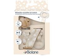 BIOLANE - Attache tétine bébé - Pour tétine sans anneau - Tissu 100% coton - Beige - Fixation Silicone - Clip en bois et métal - Double Sécurité & Anti-glisse