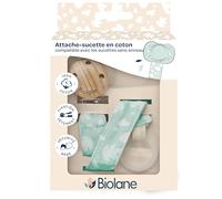 BIOLANE - Attache tétine bébé - Pour tétine anatomique - Tissu 100% coton - Vert Menthe - Fixation Silicone - Clip en bois et métal - Double Sécurité & Anti-glisse