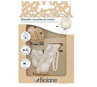 BIOLANE - Attache tétine bébé - Pour tétine avec anneau - Tissu 100% coton - Beige - Fixation cordon - Clip en bois et métal - Double Sécurité & Anti-glisse