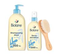 BIOLANE - Coffret cheveux démêlés - Shampooing doux et Spray démêlant au lin - Brosse à poils doux - Routine bébé - Elimine les nœuds et Facilite le coiffage - Démêle en douceur - Fabriqué en France