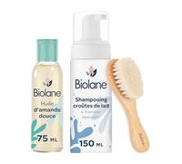 BIOLANE - Coffret Soin Croûtes de lait - Huile d'amande douce, Shampooing croûtes de lait et brosse à poils doux - Nettoie, Apaise, Elimine - Dès la naissance - Peaux sensibles - Fabriqué en France