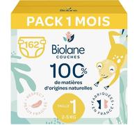 Biolane - Couche Taille 1 - 2-5 kg - Peaux Sensibles - Ultra-Absorbant,Pas de Fuite,12h au Sec - Pack 1 mois 162 couches - Fabriq