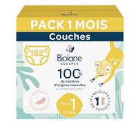 BIOLANE - Couches bébé taille 1 - (2-5 kg) - Peaux Sensibles - Ultra-Absorbant, Pas de Fuite, jusqu'à 12h au Sec - Confort & Protection - Pack 1 mois 162 couches - Fabriqué en France