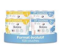 BIOLANE - Couches Bébé Taille 1 & 2 - Duo Naissance Peaux Sensibles | Pack évolutif T1 x54 + T2 x54, Ultra-Absorbant, Jusqu'à 12h au Sec, Pas de Fuite, Fabriquées en France