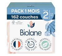 BIOLANE - Couches Bébé Taille 2 (3-6 kg) - Pack 1 Mois - 162 couches | Peaux Sensibles, Ultra-Absorbant, Jusqu'à 12h au Sec, Pas de Fuite, Fabriquées en France