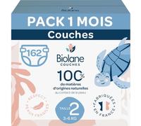 BIOLANE - Couches bébé taille 2 - (3-6 kg) - Peaux Sensibles - Ultra-Absorbant, Pas de Fuite, jusqu'à 12h au Sec - Confort & Protection - Pack 1 mois 162 couches - Fabriqué en France