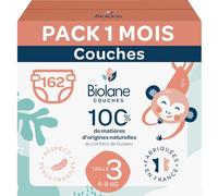 BIOLANE - Couches bébé taille 3 - (4-9 kg) - Peaux Sensibles - Ultra-Absorbant, Pas de Fuite, jusqu'à 12h au Sec - Confort & Protection - Pack 1 mois 162 couches - Fabriqué en France