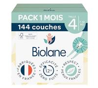 BIOLANE - Couches bébé taille 4 - (7-18 kg) - Peaux Sensibles - Ultra-Absorbant, Pas de Fuite, jusqu'à 12h au Sec - Confort & Protection - Pack 1 mois 144 couches - Fabriqué en France