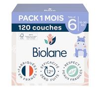 BIOLANE - Couches bébé Taille 6 - (16kg et +) - Peaux Sensibles - Ultra Absorbant, Pas de fuite, jusqu'à 12h au sec- Confort et Protection- Pack 1 mois 120 couches - Fabriqué en France