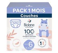BIOLANE - Couches bébé Taille 6 - (16kg et +) - Peaux Sensibles - Ultra Absorbant, Pas de fuite, jusqu'à 12h au sec- Confort et Protection- Pack 1 mois 120 couches - Fabriqué en France