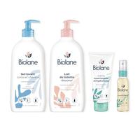 BIOLANE - Kit Bain & toilette - Bébé - Gel douche, Lait de toilette, Crème hydratante, Huile d'amande douce - Pour les peaux sensibles - Fabriqué en France