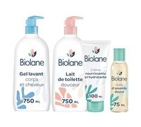BIOLANE - Kit Bain & toilette - Bébé - Gel douche, Lait de toilette, Crème hydratante, Huile d'amande douce - Pour les peaux sensibles - Fabriqué en France