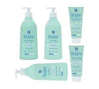 BIOLANE - Kit Routine Toilette BIO - Essentiels Soins - Eau Pure - Gel Lavant - Liniment - Crème de Change - Crème hydratante - Toilette & Change - Peaux sensibles - Coffret Bébé - Fabriqué en France