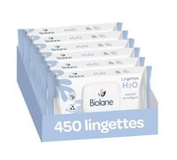 BIOLANE - Lingettes bébé à l'eau - 450 Lingettes - Lot de 6x75 - Nettoyage doux et efficace - Sans Rinçage - Dès la naissance