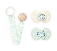 BIOLANE - Lot de 2 sucettes anatomiques animaux et Attache-tétine Verte - 6 à 18 mois - Beige et Verte - Téterelle en silicone naturel - Respect du développement bucco-dentaire- Douces et confortables