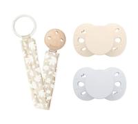 BIOLANE - Lot de 2 sucettes anatomiques et Attache-tétine Beige - 6 à 18 mois - Sucettes Beige et Bleue - Téterelle en silicone naturel - Respect du développement bucco-dentaire-Douces et confortables