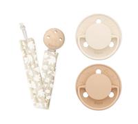 BIOLANE - Lot de 2 sucettes rondes et Attache-tétine Beige - 6 mois et plus - Sucettes Beige et Marron-Téterelle en caoutchouc naturel -Respect du développement bucco-dentaire - Douces et confortables