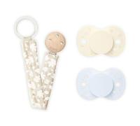 BIOLANE - Lot de 2 Tétines Anatomiques et Attache tétine Beige - Bleue et Beige - 0 à 6 mois - Téterelle Reversible - Confort Optimal - Tissu 100% coton - Respect du développement bucco-dentaire