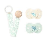 BIOLANE- Lot de 2 Tétines Anatomiques et Attache Tétine Verte- Verte et Beige - 0 à 6 mois - Animaux - Téterelle réversible - Tissu 100% coton-Confort Optimal -Respect du développement bucco-dentaire