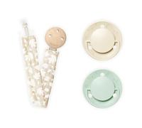 BIOLANE - Lot de 2 Tétines Rondes et Attache Tétine Beige - 0 à 6 mois - Sucettes extra-fines Verte et Beige - Tissu 100% Coton - Douces et Confortables - Respect du développement bucco-dentaire