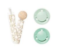 BIOLANE - Lot de 2 Tétines Rondes et Attache Tétine Beige - 6 mois et plus - Sucettes extra-fines Vertes Bicolores - Tissu 100% Coton - Douces et Confortables - Respect du développement bucco-dentaire