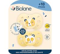 BIOLANE - Tétines anatomiques animaux - Sucettes extra-fines - 18 mois et + - Jaune bicolore - Téterelle plate et réversible- Confort optimal- Respect du développement bucco-dentaire
